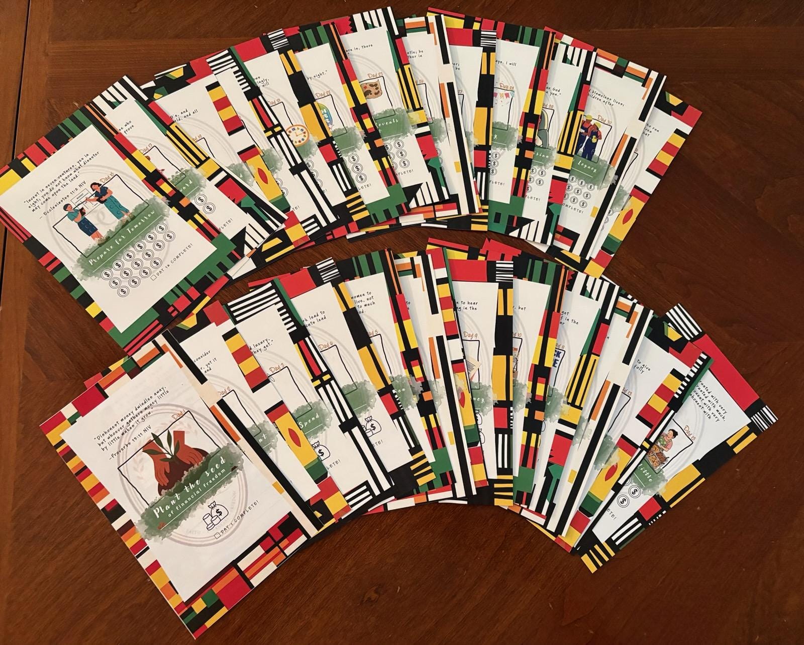 A complete collection of colorful Saving Grace scripture and savings challenge cards