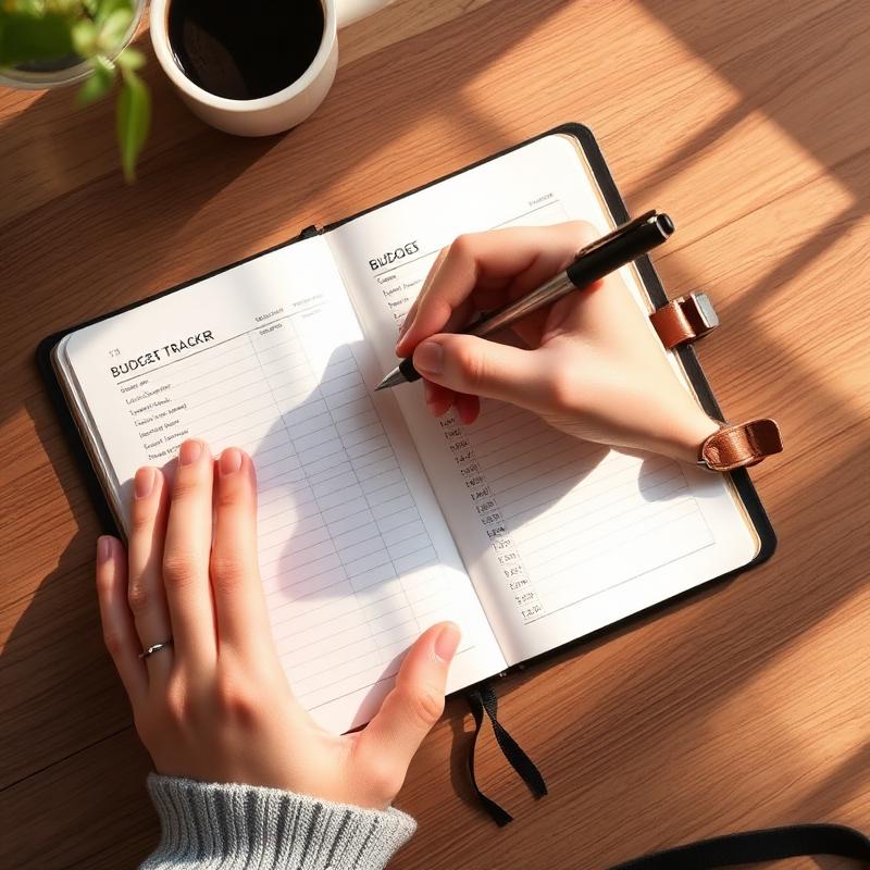 Hands writing in a budget tracker